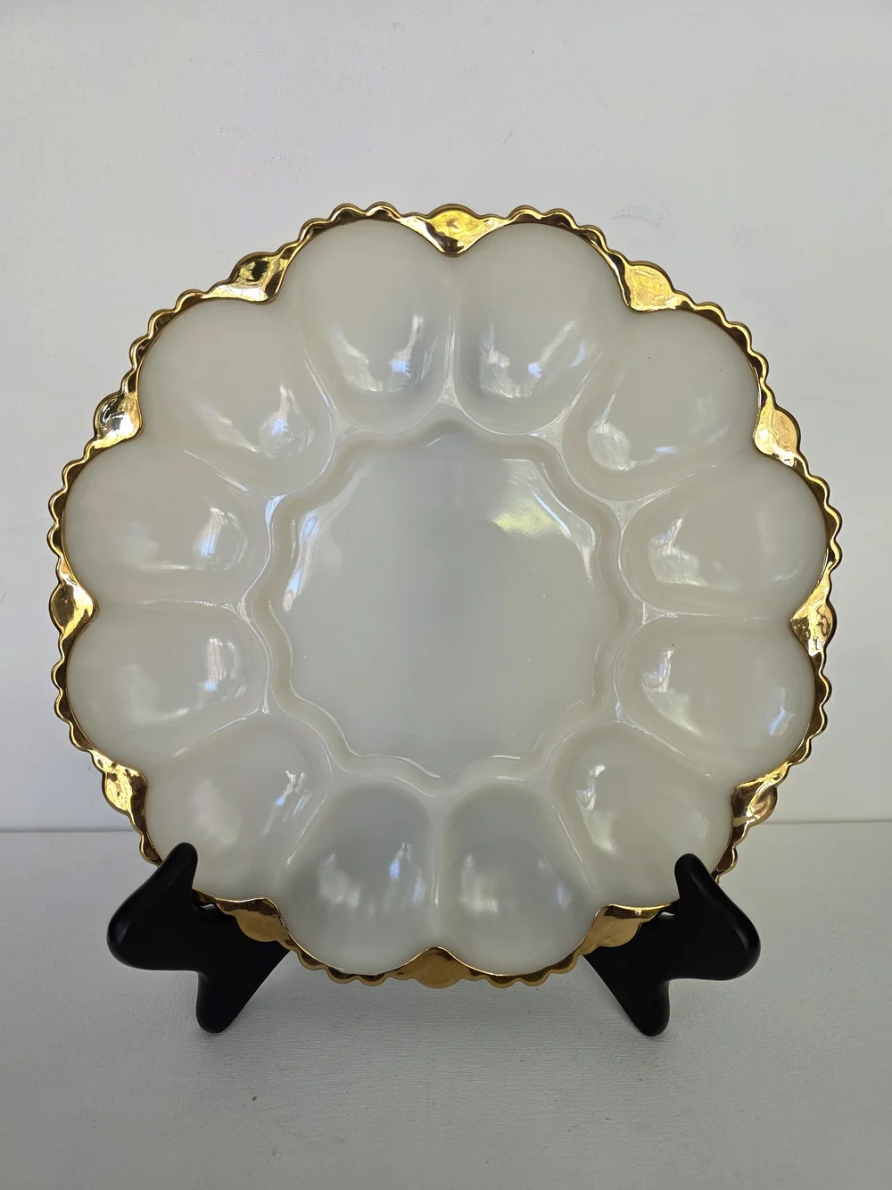 Anchor Hocking White Milk Glass Deviled Egg Platter with Gold Trim